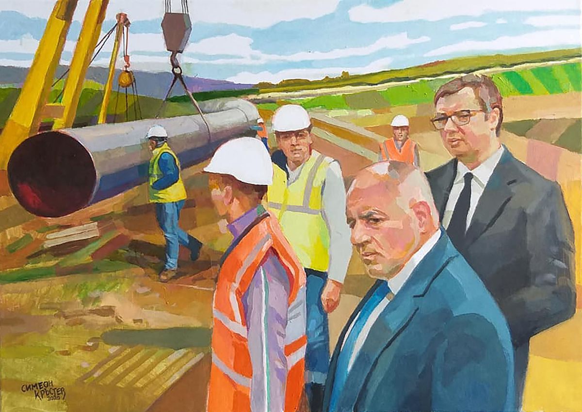 A handout photo made available on January 22, 2021 by painter Simeon Krastev, shows a painting he made depicting of Bulgarian Prime minister Boyko Borisov and Serbian President Aleksandar Vucic inspecting the work on the Russian TurkStream gas pipeline. - A painting depicting Bulgarian Prime Minister Boyko Borisov at the construction site of the TurkStream gas pipeline extension sparked memes in Bulgaria on Friday, with many mocking commenters saying it harked back to Soviet-era agitprop. (Photo by Simeon Krastev / Simeon Krastev / AFP) / RESTRICTED TO EDITORIAL USE - MANDATORY CREDIT "AFP PHOTO / Simeon Krastev"