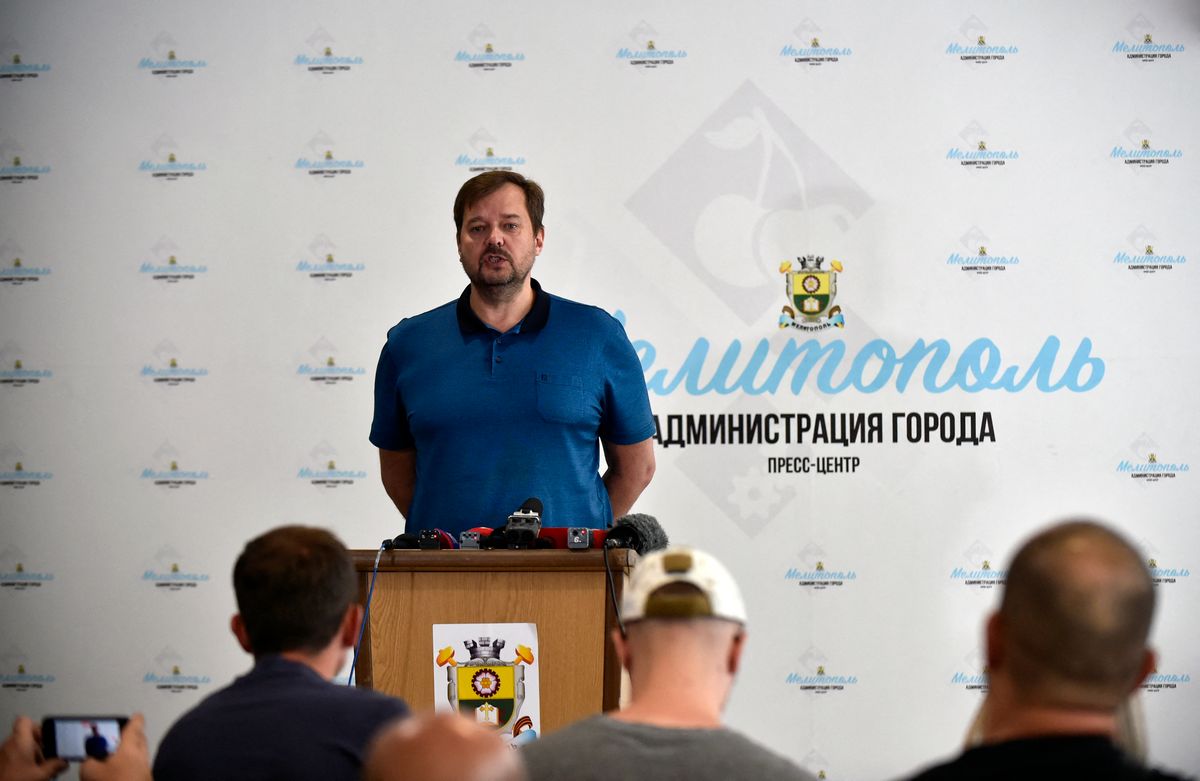 Yevgeny Balitsky, the Russia-installed head of the Zaporizhzhia region, holds a media briefing in Melitopol on July 14, 2022, amid the ongoing Russian military action in Ukraine. (Photo by Olga MALTSEVA / AFP)