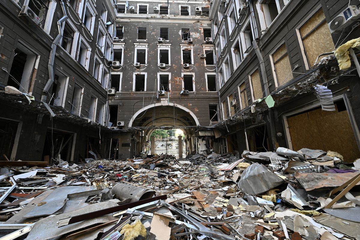 A picture taken on July 27, 2022 shows the courtyard of shopping and office complex following an attack in central Kharkiv, amid Russian invasion of Ukraine. 