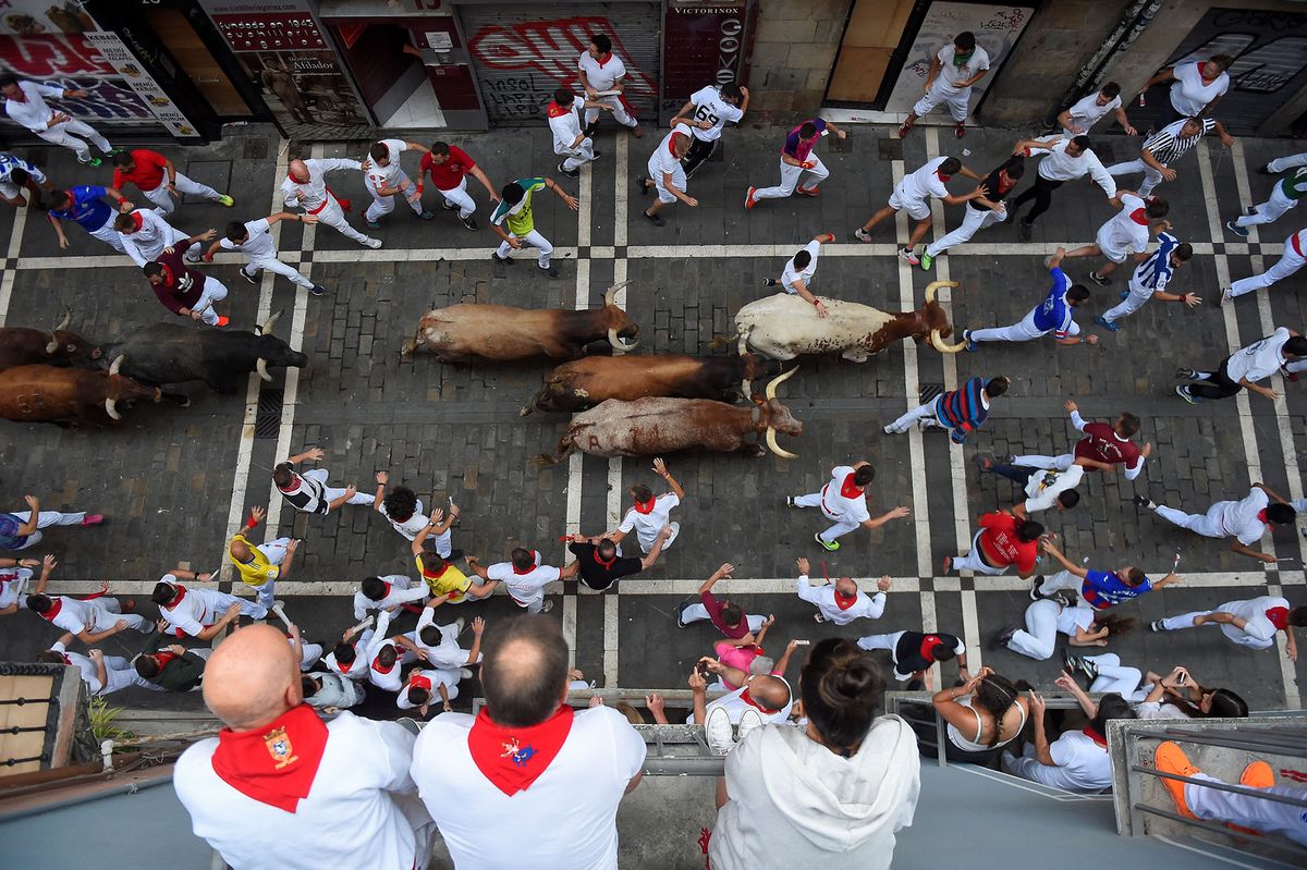 Participants run ahead Miura bulls during the last "encierro" (bull-run) of the San Fermin festival in Pamplona, northern Spain on July 14, 2022. - On each day of the festival six bulls are released at 8:00 a.m. (0600 GMT) to run from their corral through the narrow, cobbled streets of the old town over an 850-meter (yard) course. Ahead of them are the runners, who try to stay close to the bulls without falling over or being gored. (Photo by ANDER GILLENEA / AFP)