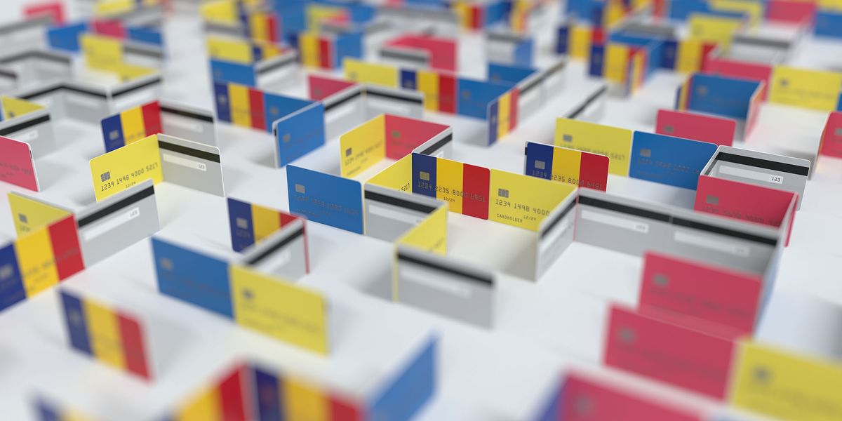 román közszolgák béremelése Flag of Romania on the mockup credit card maze. Financial difficulties related 3D rendering