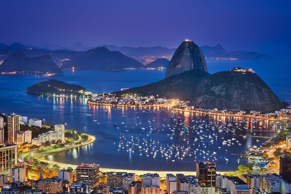 Night views of Sugarloaf and city of Rio de Janeiro, Brazil 