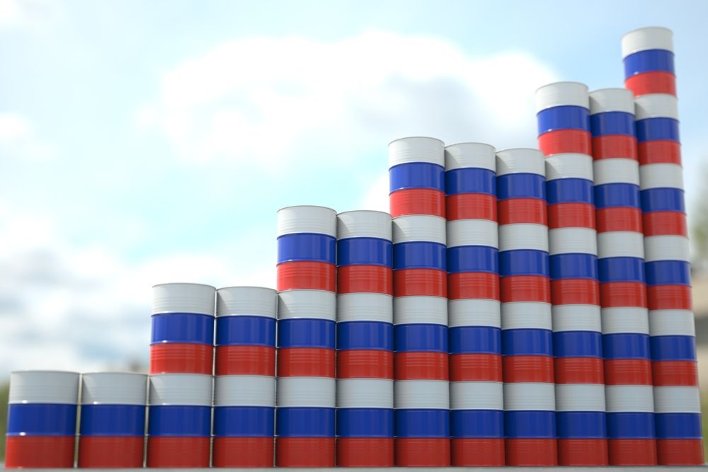 Stacks,Of,Steel,Drums,With,Flag,Of,Russia,Form,Increasing