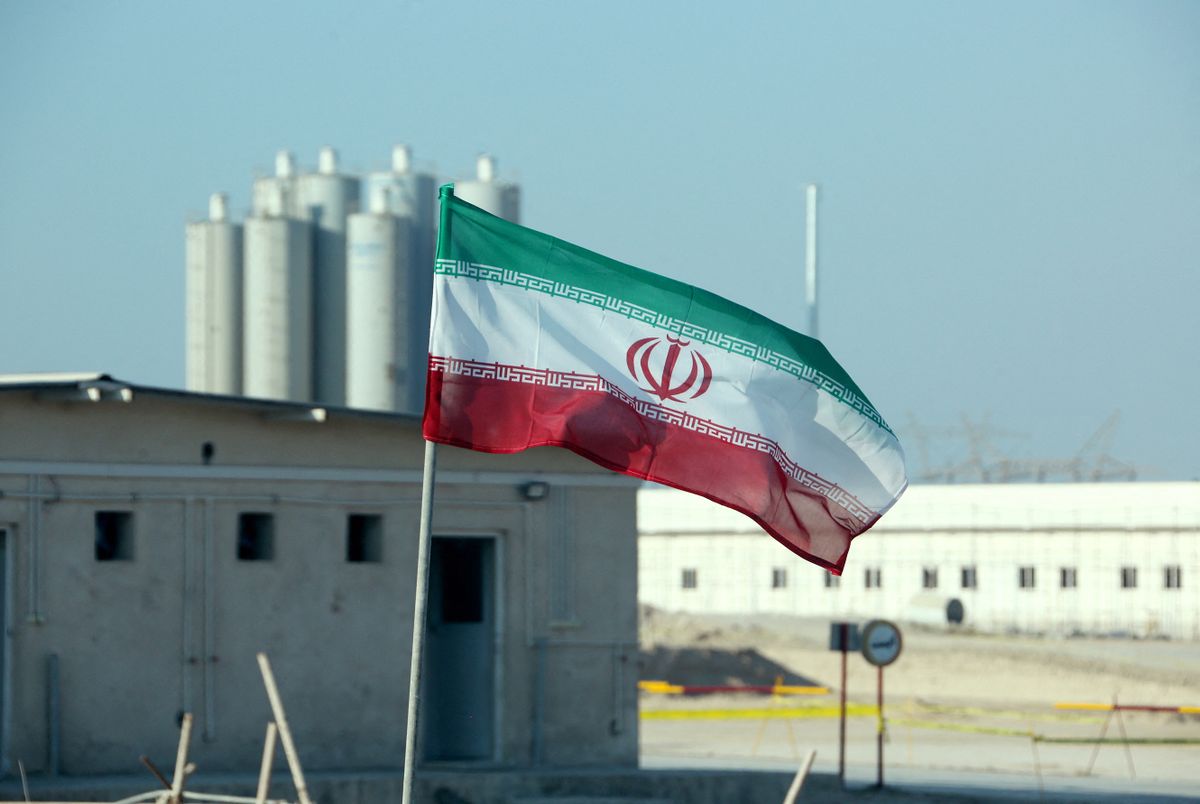 A picture taken on November 10, 2019, shows an Iranian flag in Iran's Bushehr nuclear power plant, during an official ceremony to kick-start works on a second reactor at the facility. - Bushehr is Iran's only nuclear power station and is currently running on imported fuel from Russia that is closely monitored by the UN's International Atomic Energy Agency. 
