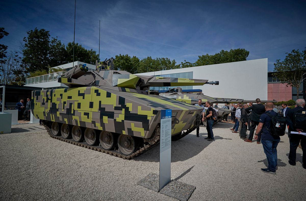 PARIS, FRANCE - JUNE 14: The Rheinmetall Lynx KF41 tank on display on the Rheinmetall stand at the Eurosatory International Defence and Security Exhibition on June 14, 2022 in Paris, France. According to the organisers of Eurosatory, this year's edition saw 73% of attendees visiting from European nations. 