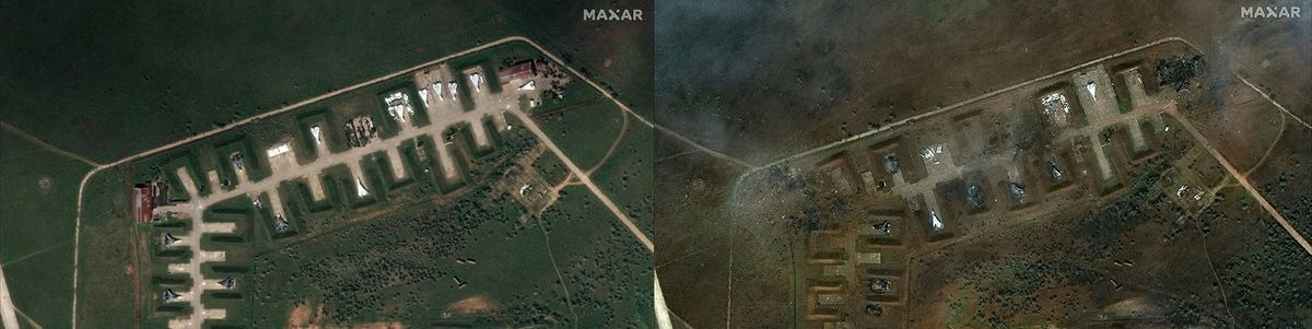 This combination of handout satellite images courtesy of Maxar Technologies created on August 11, 2022, shows Saki airbase on May 16, 2022, (top) and August 10, 2022, (bottom) following the reported attack in Novofedorivka, Crimea, Ukraine. (Photo by HANDOUT / HANDOUT / AFP) / RESTRICTED TO EDITORIAL USE - MANDATORY CREDIT "AFP PHOTO / Satellite image ©2022 Maxar Technologies"