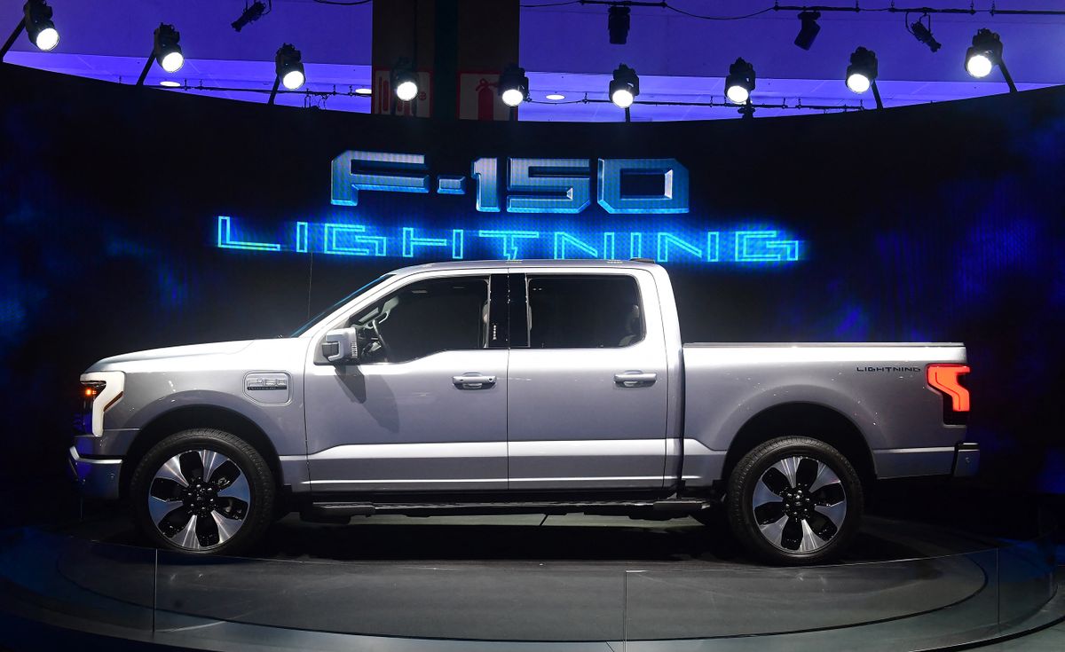US-AUTThe all-electric F-150 Lightning from Ford is displayed at the Los Angeles Auto Show in Los Angeles, California 