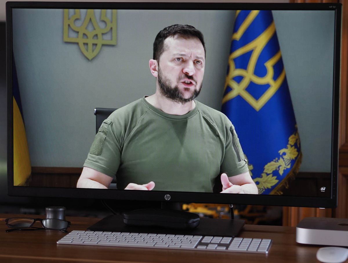 GARHAM, BAVARIA, GERMANY - 2022/07/14: In this photo illustration, a screen showing president of Ukraine Volodymyr Zelensky's speech before the members of the international tribunal in The Hague. He accused the Russian authorities of war crimes and international terrorism. 