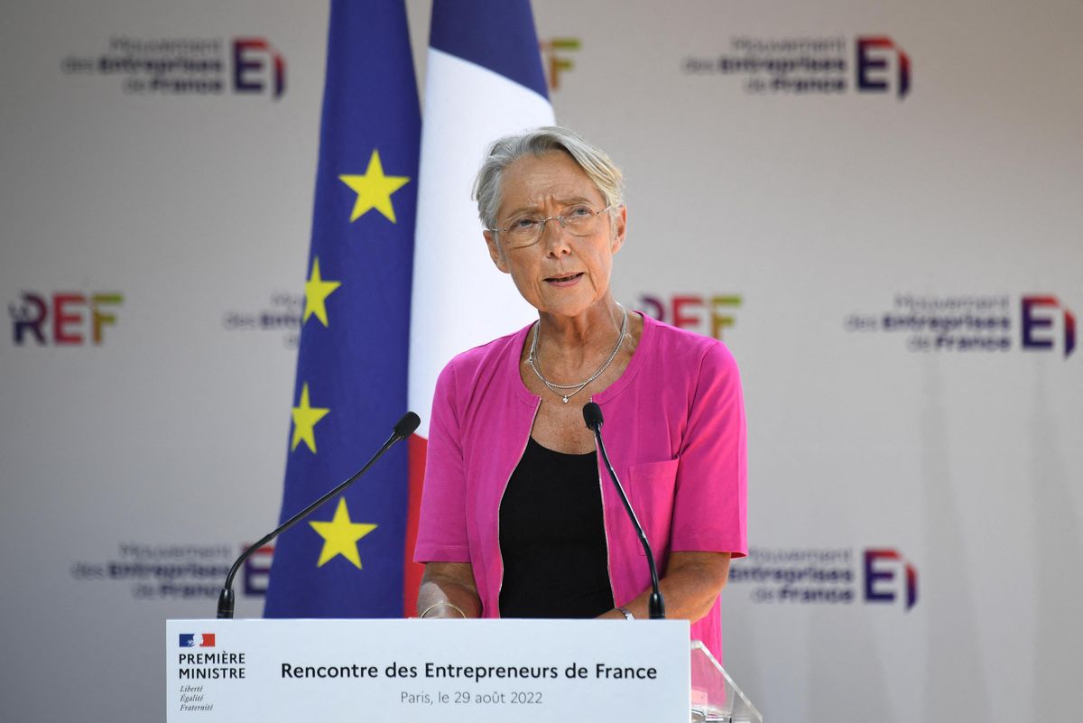 France's Prime Minister Elisabeth Borne delivers a speech during the Medef summer conference at the Hippodrome de Longchamp racetrack in Paris on August 29, 2022. (Photo by Eric PIERMONT / AFP)