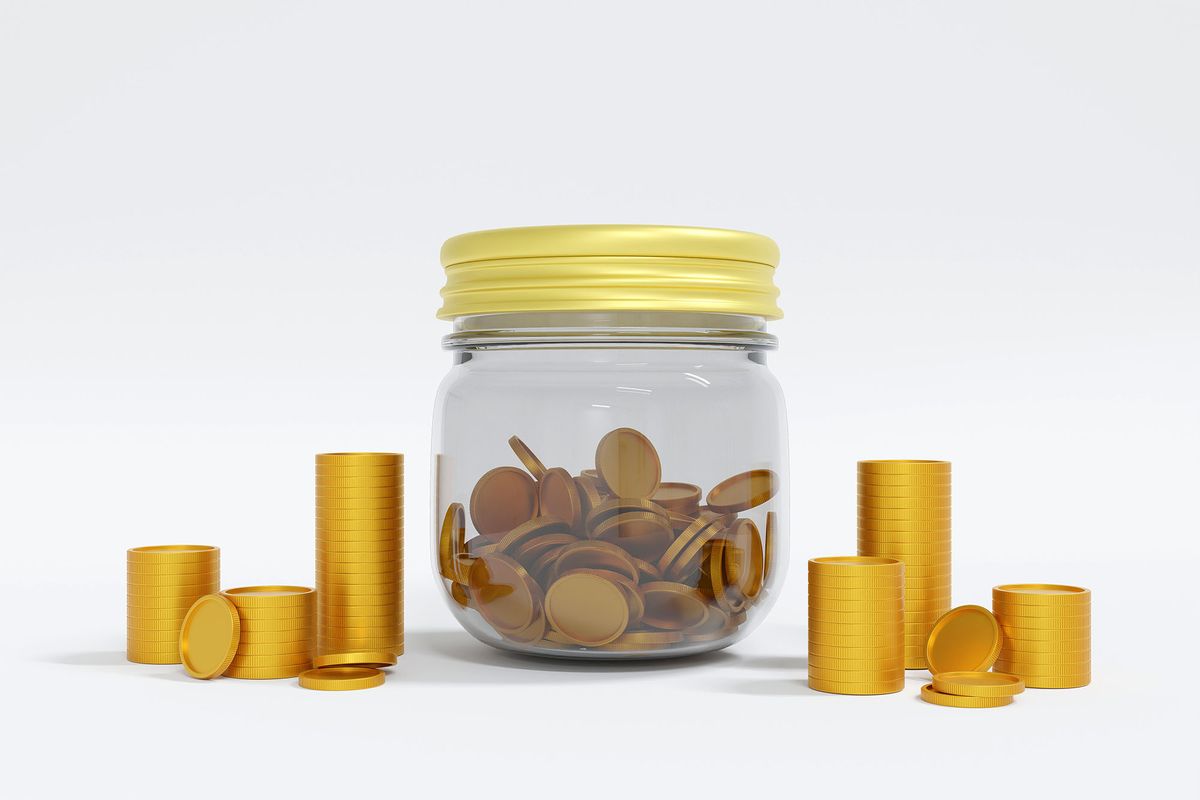 3d illustrate.Glass money jar full of gold coins.money coin deposit of save money for prepare in the future.Saving money coin in jar.isolated on white background.
