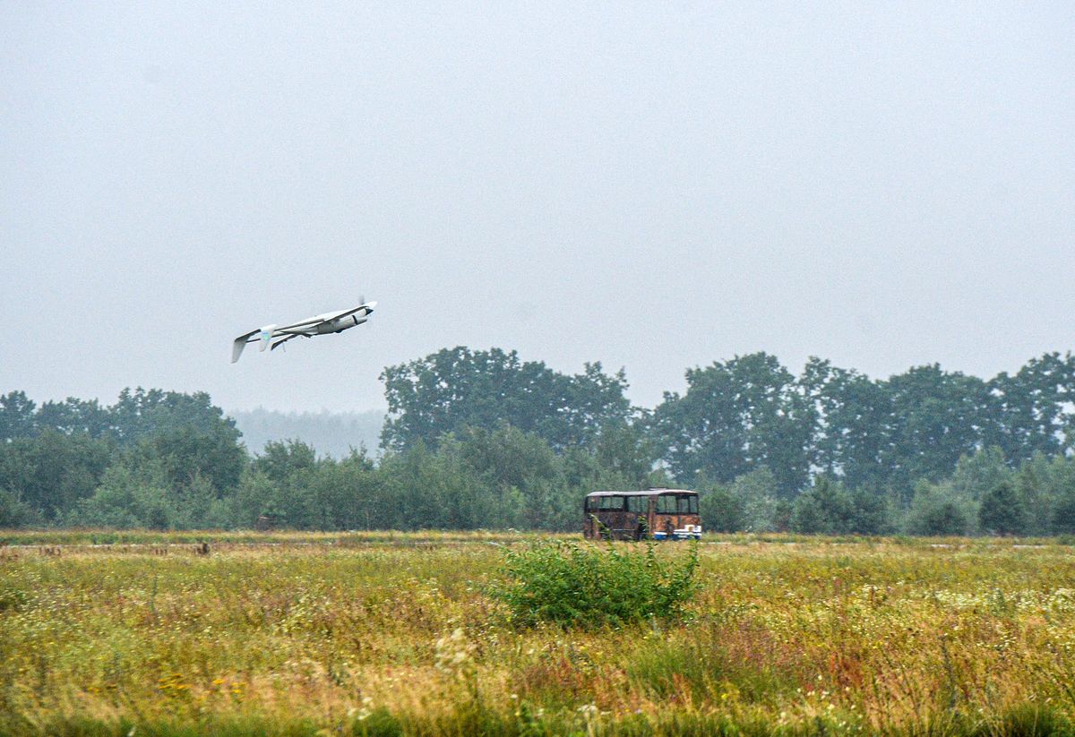 UKRAINE - AUGUST 2, 2022 - An Raybird Skyeton drone is pictured during the presentation of unmanned aerial vehicles for the Armed Forces, Ukraine. This photo cannot be distributed in the Russian Federation. NO USE RUSSIA. NO USE BELARUS. (Photo by Evgen Kotenko / NurPhoto / NurPhoto via AFP)