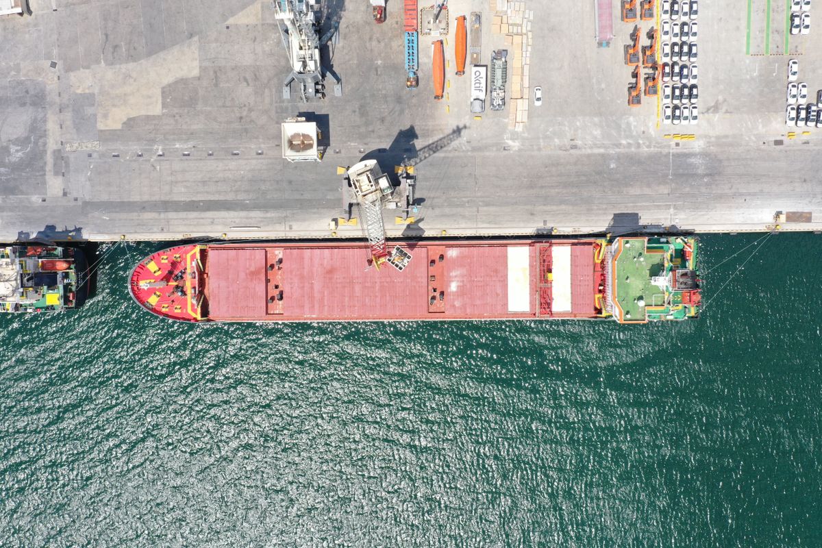 KOCAELI, TURKIYE - AUGUST 08: An aerial view of the Turkish-flagged ship "Polarnet" carrying grain from Ukraine is seen at the Derince Port, Kocaeli, Turkiye on August 08, 2022. Polarnet ship departed Istanbul on Sunday with 12,000 tons of corn. Its inspection was completed by the Joint Coordination Center comprising representatives of Turkiye, Ukraine, Russia and the UN. Omer Faruk Cebeci / Anadolu Agency (Photo by Omer Faruk Cebeci / ANADOLU AGENCY / Anadolu Agency via AFP)