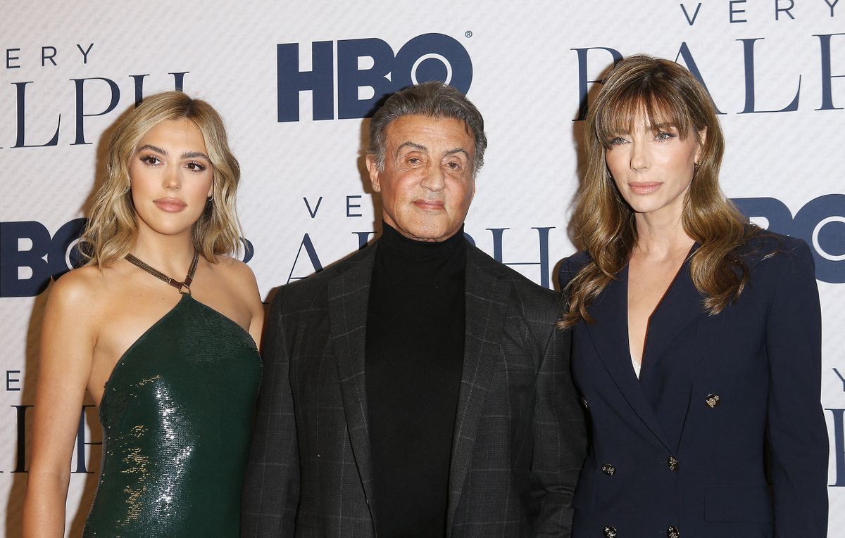US actor Sylvester Stallone (C), his wife model Jennifer Flavin (R) and daughter Sistine Stallone (L) arrive for the Los Angeles premiere of the HBO documentary "Very Ralph" at the Paley Center in Beverly Hills on November 11, 2019.