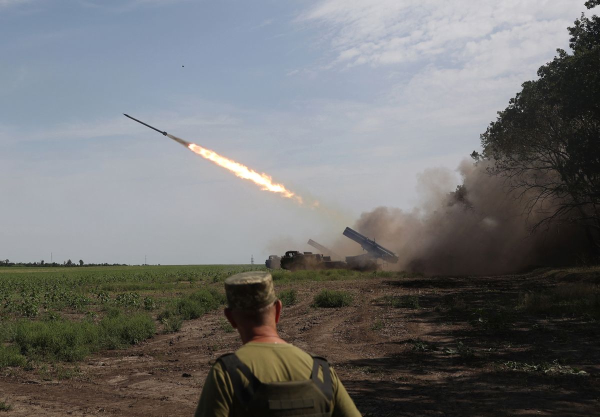 Ukrainian artillery unit fires with a BM-27 Uragan, a self-propelled 220 mm multiple rocket launcher, at a position near a frontline in Donetsk region on August 27, 2022, amid the Russian invasion of Ukraine. 