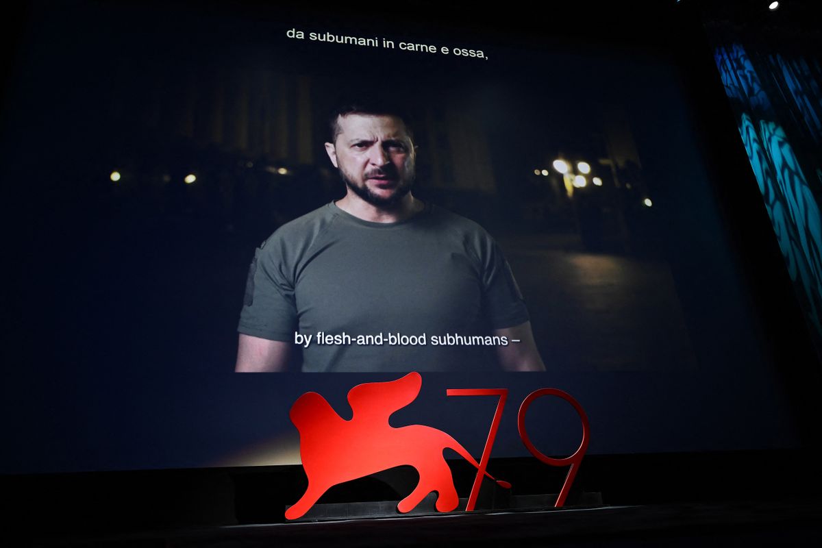 A recording of Ukraine's President Volodymyr Zelensky  is displayed on August 31, 2022 during the Opening Ceremony of the 79th Venice International Film Festival at Lido di Venezia in Venice, Italy. 