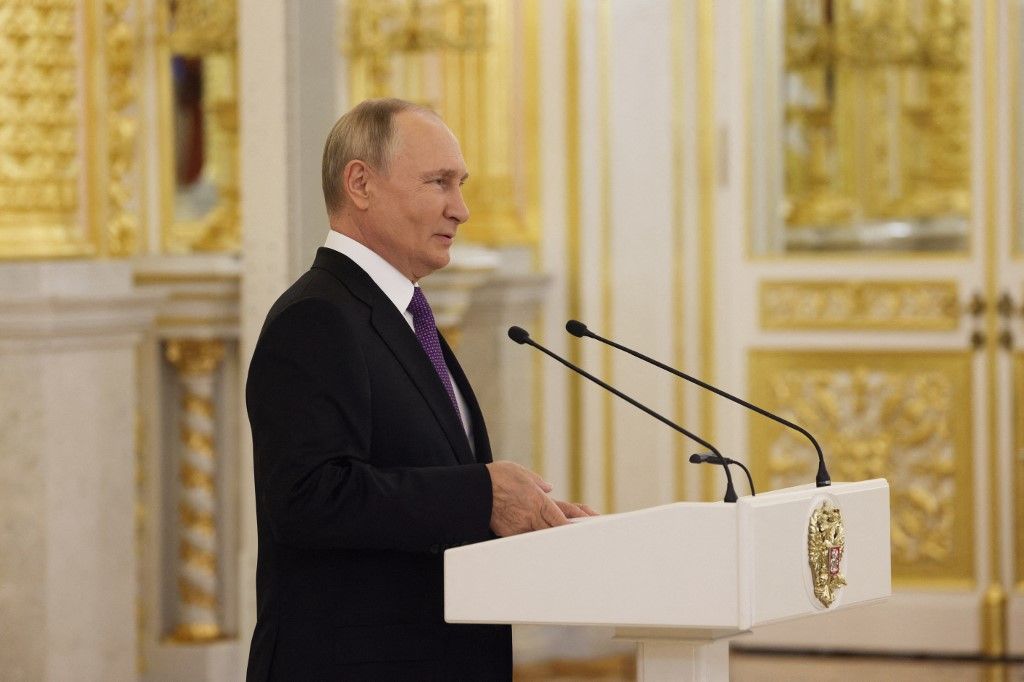 Russian President Vladimir Putin gives a speech at a ceremony marking the 100th anniversary of the State Sanitary and Epidemiological Service at the Kremlin in Moscow on September 14, 2022.