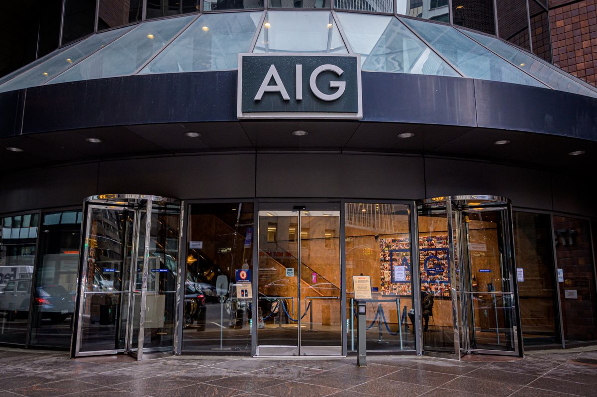 Main entrance to the American International Group (AIG), MANHATTAN, NEW YORK, UNITED STATES - 2021/03/01: Main entrance to the American International Group (AIG) Headquarters building in Manhattan. (Photo by Erik McGregor/LightRocket via Getty Images) MANHATTAN, NEW YORK, UNITED STATES - 2021/03/01: Main entrance to the American International Group (AIG) Headquarters building in Manhattan. (Photo by Erik McGregor/LightRocket via Getty Images)