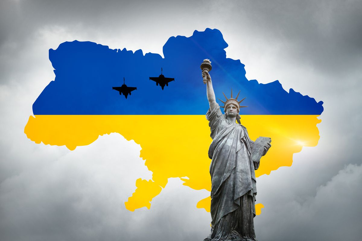 A map of Ukraine and its flag with a symbol of freedom