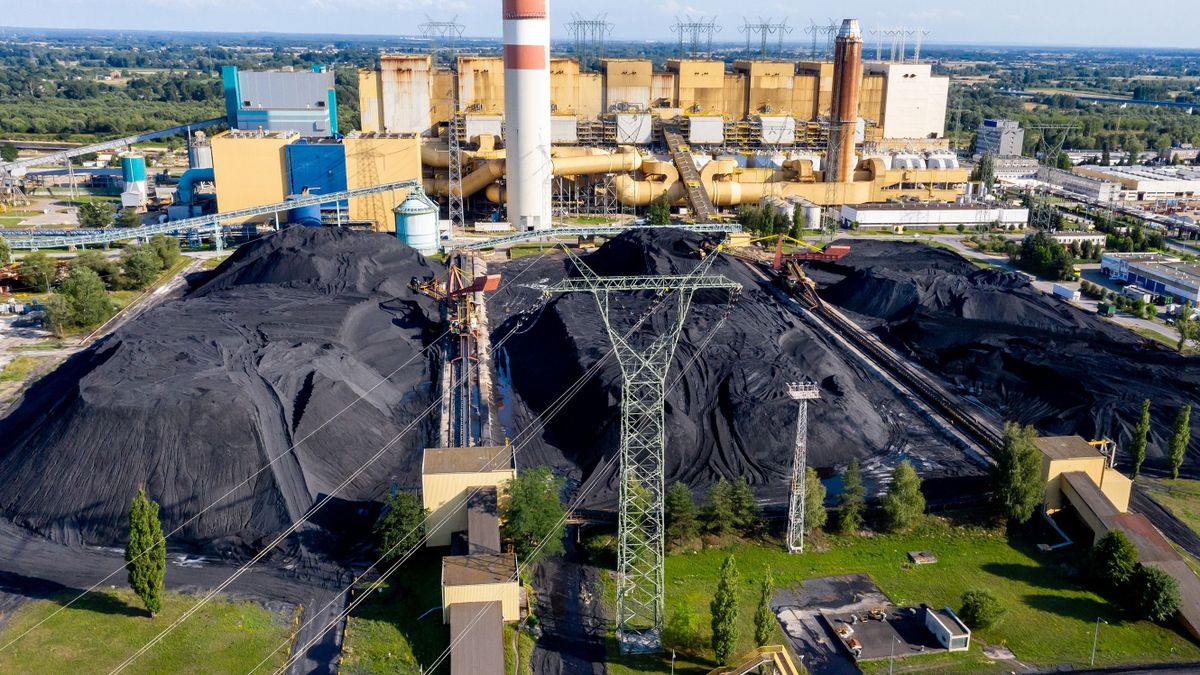 A drone view of Enea Power Station in Polaniec on July 28, 2022. Polaniec Power Station is one of the largest plants in Poland, It is a coal-fired and biomass power station. As the energy prices rise due to global developments such as the invasion of Ukraine and Coronavirus, coal-powered stations also rise the price of coal. 