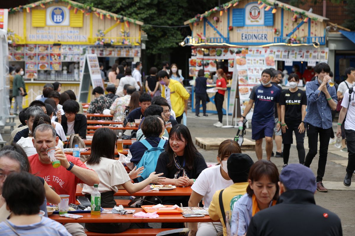 People visit  Shiba Oktoberfest to enjoy drinking beer at Shiba Park in Minato Ward, Tokyo on Sept. 3rd, 2022. The Oktober fest was held for the first time in three years due to the COVID-19 pandemic. The world’s largest beer festival takes place in Germany every year “October fest.” and the event will be held across Japan. 