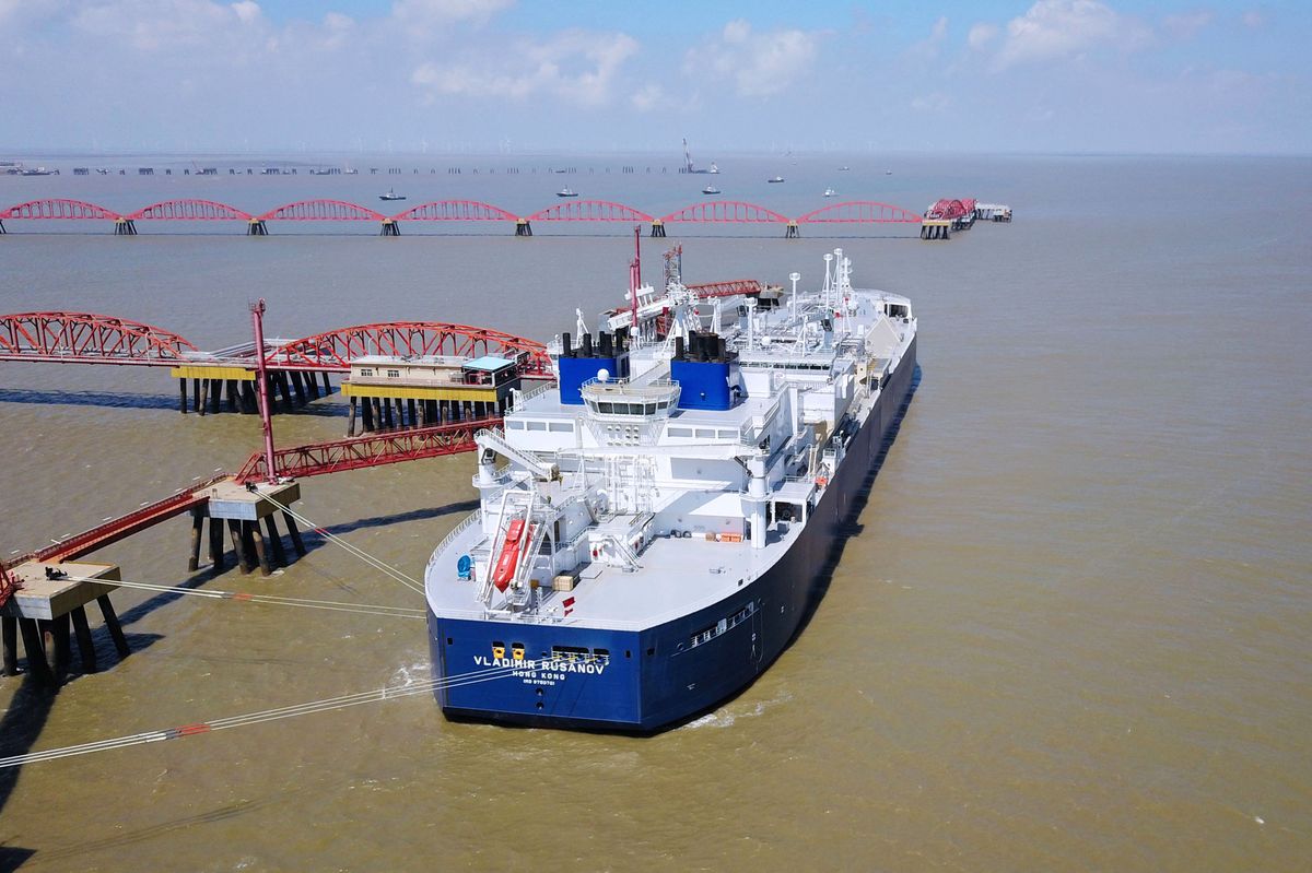 The Vladimir Rusanov, a liquefied natural gas (LNG) tanker ship, is seen following its arrival at the LNG terminal in Nantong city, eastern China's Jiangsu province on July 19, 2018, following its journey from Russia's Arctic Yamal peninsula. - The LNG/icebreaker tanker arrived in Nantong with its shipment of gas produced at the 27 billion USD Yamal LNG plant in the Siberian Arctic. Russia's Novatek is in partnership with France's Total and China's CNPC for the Yamal LNG project. (Photo by AFP) / China OUT, CHINA-RUSSIA-ENERGY-GAS