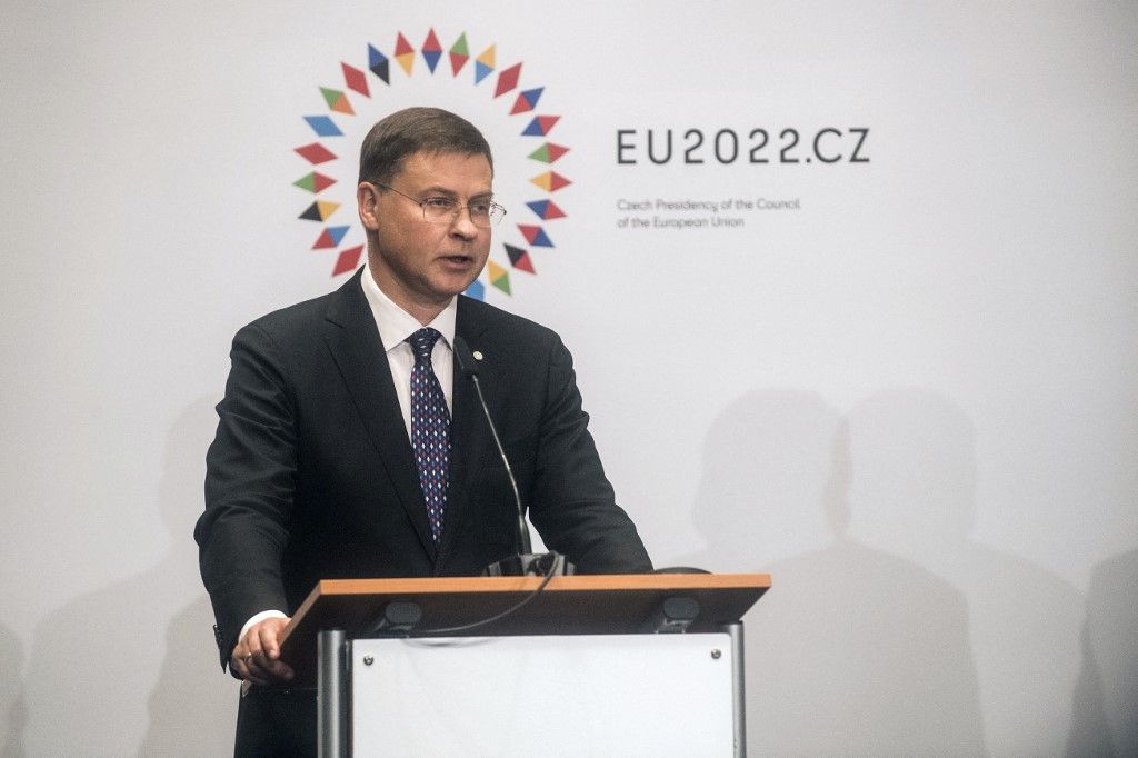 European Commissioner for Trade Valdis Dombrovskis addresses a press conference with the Czech Finance Minister during the EU Informal Meeting of Economic and Financial Affairs Ministers and Central Bank Governors in Prague, Czech Republic on September 9, 2022.