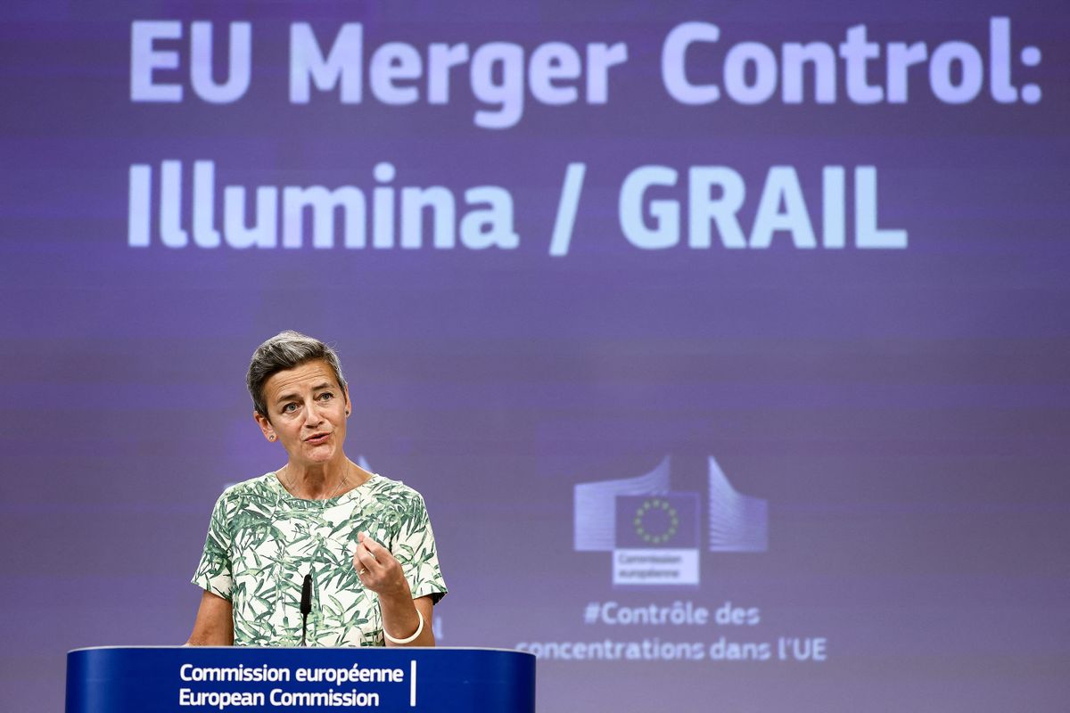 EU antitrust chief Margrethe Vestager gives a press conference in Brussels, on September 6, 2022, to announce Eu's veto against U.S. life sciences company Illumina’s acquisition of biotechnology company Grail. 