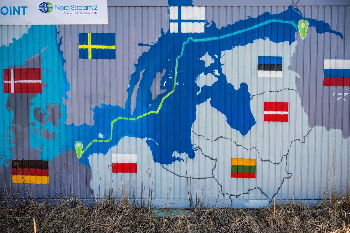 (FILES) This file photo taken on March 1, 2022 shows a container decorated with a map showing the position of the Nord Stream 2 gas pipeline, which never entered into service to deliver Russian gas to European households, in Lubmin's industrial park, northeastern Germany. - Two leaks have been identified on the Nord Stream 1 Russia-to-Europe gas pipeline in the Baltic Sea, hours after a similar incident on its twin pipeline Nord Stream 2, Scandinavian authorities said on September 27, 2022. (Photo by John MACDOUGALL / AFP) FILES-DENMARK-SWEDEN-RUSSIA-GERMANY-CONFLICT-ENERGY