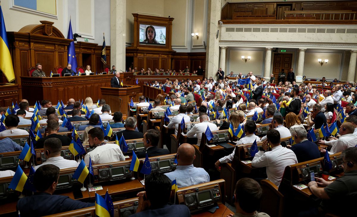 President of Lithuania Gitanas Nauseda addresses Ukrainian Parliament at solemn meeting in Kyiv, Ukraine, July 28, 2022. Ukraine marks The Ukrainian Statehood Day 