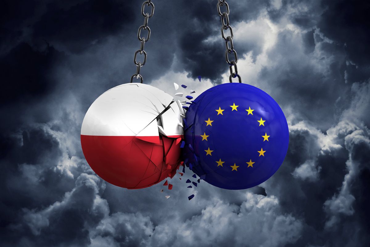 Poland,Flag,And,European,Union,Political,Balls,Smash,Into,Each