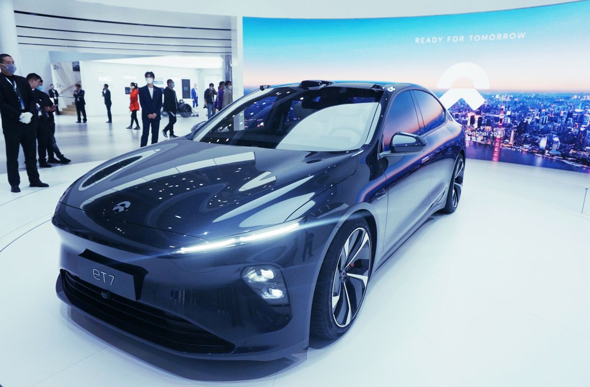 Auto Shanghai 2021, SHANGHAI, CHINA - APRIL 20: A NIO eT7 car is on display during the 19th Shanghai International Automobile Industry Exhibition (Auto Shanghai 2021) at National Exhibition and Convention Center (Shanghai) on April 20, 2021 in Shanghai, China. (Photo by Long Wei/VCG via Getty Images)