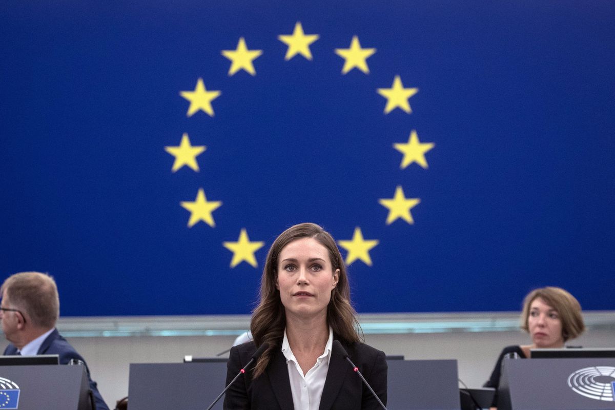 Strasbourg, 2022. szeptember 13.
Sanna Marin finn miniszterelnök felszólal az Európai Parlament plenáris ülésén Strasbourgban 2022. szeptember 13-án.
