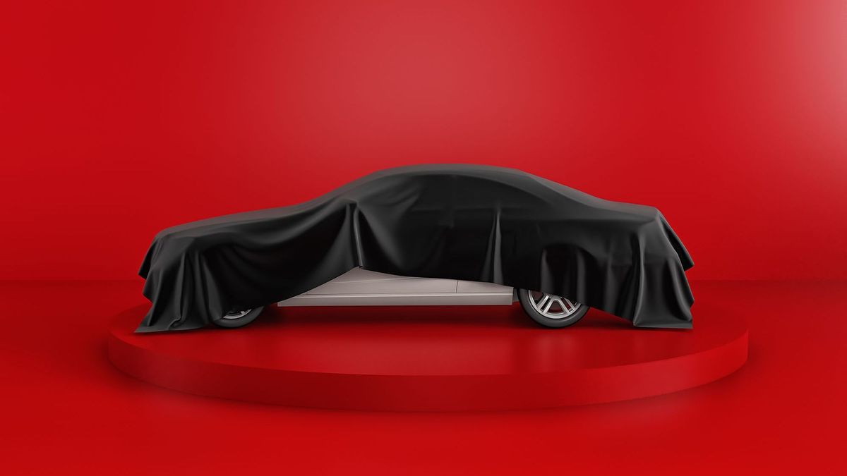 autószalon New white car hidden under black cover on red background. 3d rendering