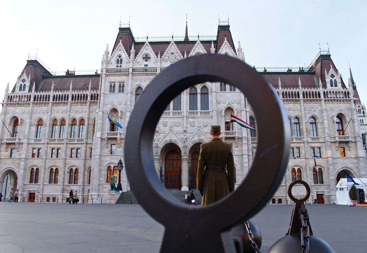 Rear View Of Army Solider In Front Of Hungarian Parliament Building