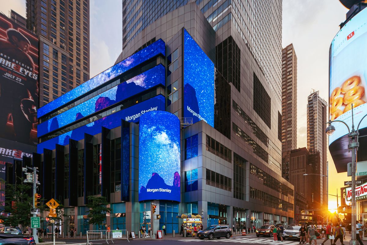 Morgan Stanley Headquarters At 1585 Broadway In New York, NEW YORK, NEW YORK - JULY 2021: A view of the exterior of The Morgan Stanley Headquarters at 1585 Broadway in Times Square in New York City, July, 2021. (Photo by Gabriel Pevide/Getty Images for Morgan Stanley)