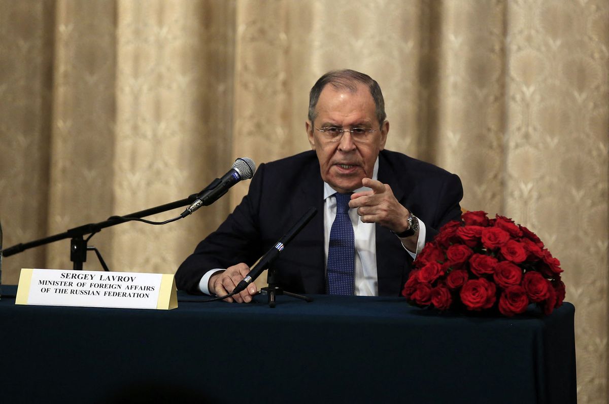 ADDIS ABABA, ETHIOPIA - JULY 27: Russian Foreign Minister Sergey Lavrov holds a press conference at Russian Embassy in Addis Ababa, Ethiopia on July 27, 2022. Minasse Wondimu Hailu / Anadolu Agency (Photo by Minasse Wondimu Hailu / ANADOLU AGENCY / Anadolu Agency via AFP)
