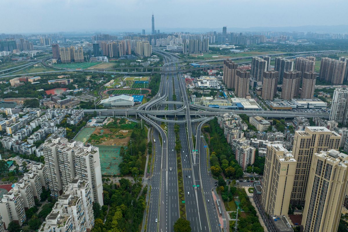 This aerial photo taken on September 1, 2022 shows nearly empty roads amid restrictions due to an outbreak of the Covid-19 coronavirus in Chengdu, in China's southwestern Sichuan province. 
