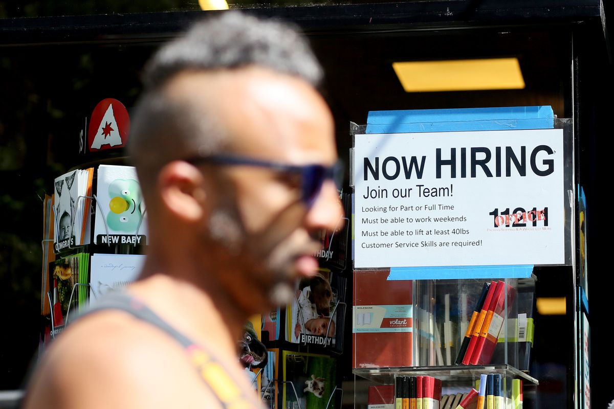 NEW YORK, NEW YORK - AUGUST 5: A "Now Hiring" sign is displayed on a shopfront on August 5, 2022 in New York City. U.S. employers added 528,000 jobs despite warning of a recession. Unemployment fell to 3.5%, the lowest level since the pandemic. (Photo by John Smith/VIEWpress)