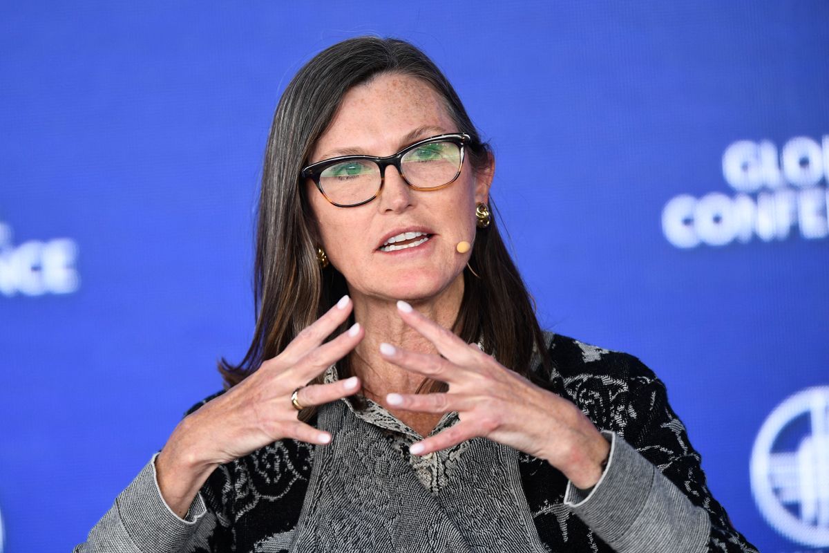 Cathie Wood, chief executive officer and chief investment officer, Ark Invest, speaks during the Milken Institute Global Conference on May 2, 2022 in Beverly Hills, California. 