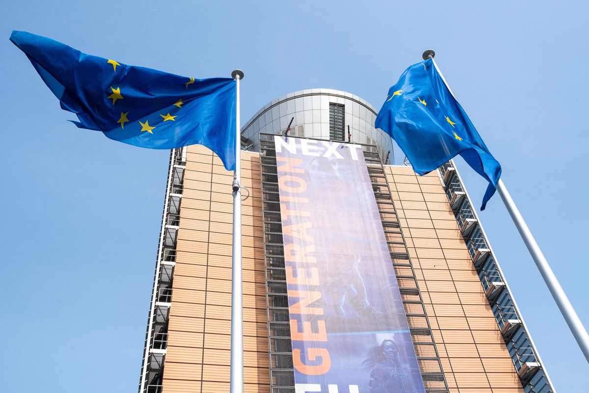 BELGIUM - BRUSSELS - DAILY LIFE, BELGIUM-BRUSSELS-DAILY LIFE, Belgium, Brussels, Spring 2021. The Berlaymont, headquarters of the European Commission, a major institution of the European Union. Photograph by Martin Bertrand.Belgique, Bruxelles, Printemps 2021. Le Berlaymont, siege de la Commission Europeenne, institution majeure de l Union Europeenne. Photographie de Martin Bertrand. (Photo by Martin Bertrand / Hans Lucas / Hans Lucas via AFP)