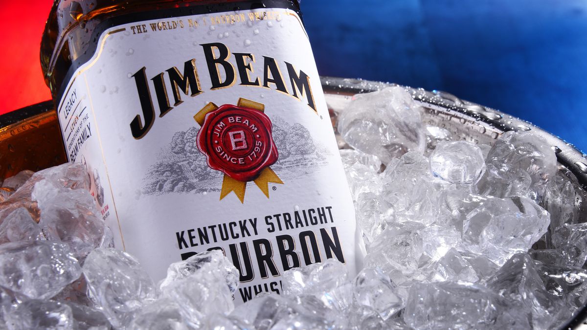 Poznan,,Pol,-,Sep,5,,2019:,Bottle,Of,Jim,Beam, POZNAN, POL - SEP 5, 2019: Bottle of Jim Beam, one of best selling brands of bourbon in the world, produced by Beam Inc. in Clermont, Kentucky POZNAN, POL - SEP 5, 2019: Bottle of Jim Beam, one of best selling brands of bourbon in the world, produced by Beam Inc. in Clermont, Kentucky
