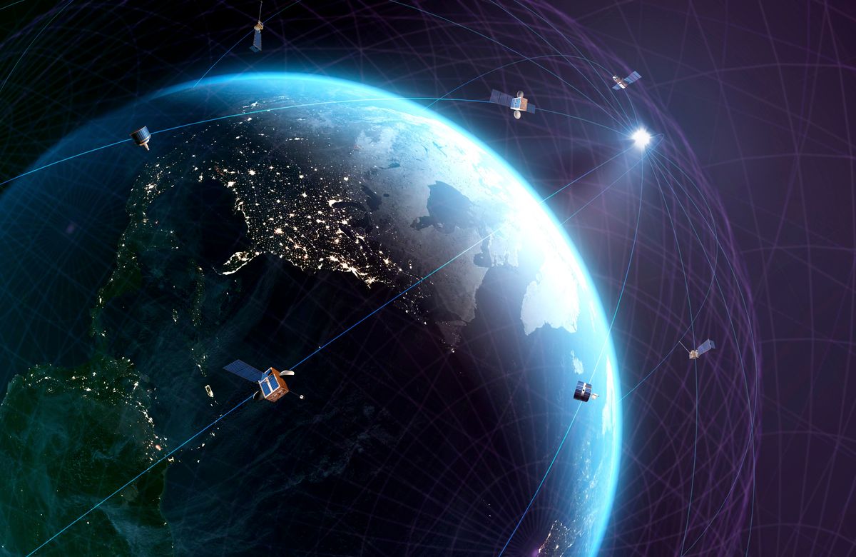 Global Satellite Communications, Global satellite communications. Conceptual representation of a global network of communications satellites, such as the Starlink satellites.