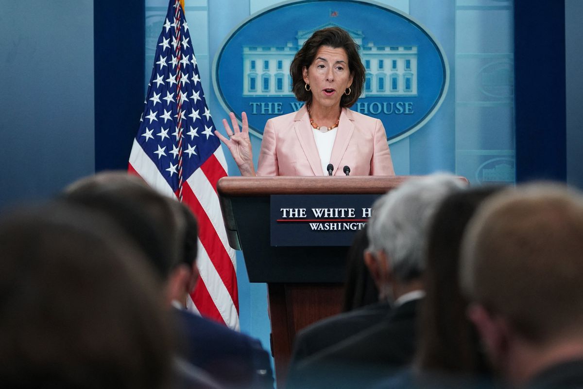 US Secretary of Commerce Gina Raimondo speaks during the daily briefing in the James S Brady Press Briefing Room of the White House in Washington, DC, on September 6, 2022.