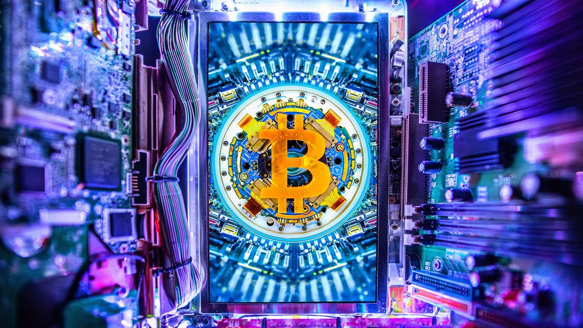 Bitcoin AI machine close up, Cryptocurrency concept super processor machine, Bitcoin super computer - mining machine concept