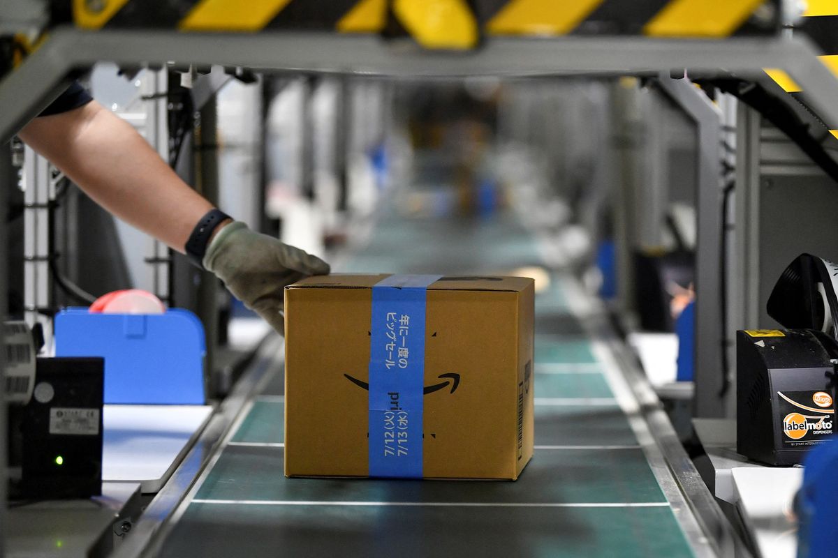 This picture taken on July 4, 2022 shows a packed product moving out at Amazon Amagasaki Fulfillent Center in Amagasaki, Hyogo prefecture.