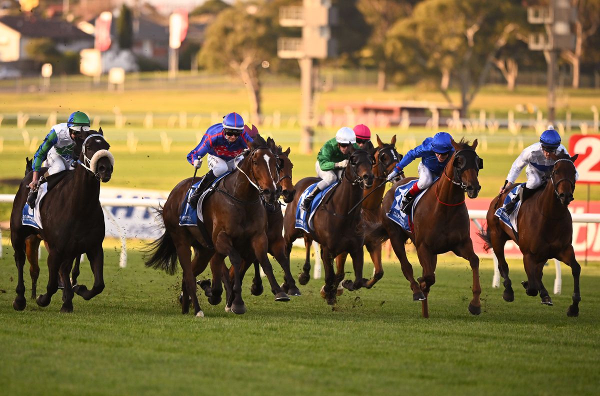 MELBOURNE, AUSTRALIA - SEPTEMBER 25: Luke Nolen riding I Wish I Win defeats Jamie Kah riding Ayrton and Catalyst (far right) in Race 9, the Tile Importer Testa Rossa Stakes, during Melbourne Racing at Sandown Hillside on September 25, 2022 in Melbourne, Australia. 