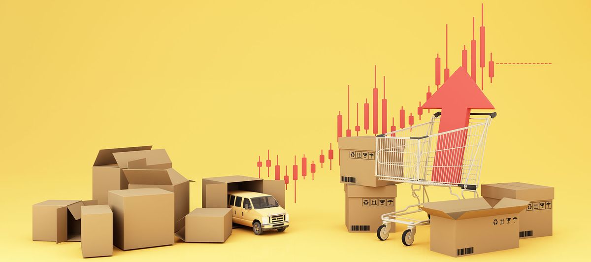 nőtt a beszerzésimenedzser-index (BMI) idehaza The concept of inflation is increasing. affecting international trade and transportation business in the yellow and red background and transport of the surrounding and cardboard 3d rendering