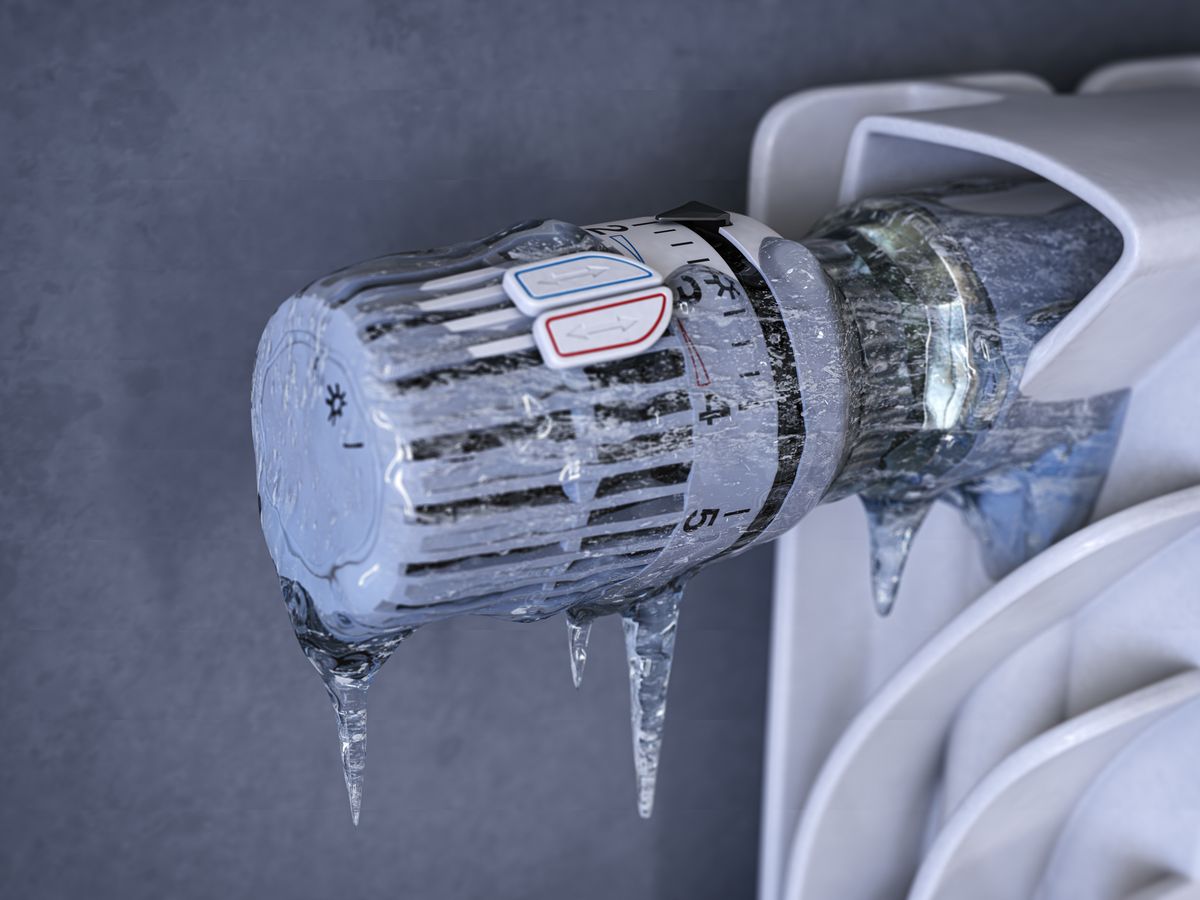 Thermostatic radiator valve with icicles. Energy crisis, sturning off heating for non-payment and saving concept. Thermostatic radiator valve with icicles. Energy crisis, sturning off heating for non-payment and saving concept. 3d illustration