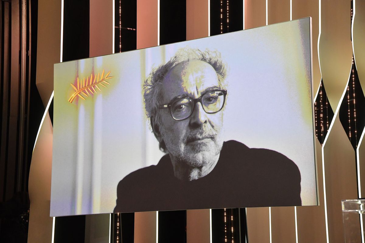 CANNES, FRANCE - MAY 19:  An image of Director Jean-Luc Godard is projected on stage before Cinematographer Fabrice Aragno receives a Special Palme d'Or award on behalf of director Jean-Luc Godard for his film 'The Image Book' (Le Livre D'Image) during the Closing Ceremony at the 71st annual Cannes Film Festival at Palais des Festivals on May 19, 2018 in Cannes, France. 