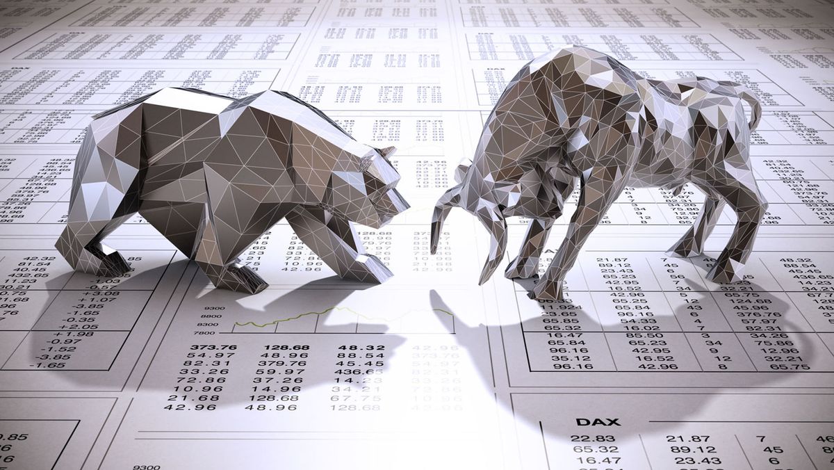 BÉT tőzsde forgalmi statisztika részvény Stylized low poly bull and bear standing and facing each other on newspaper page with financial data. Business and finance concept. 3d rendering